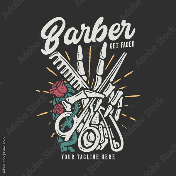 Fototapeta t shirt design barber get faded with skull hand holding a scissor and comb with gray background vintage illustration