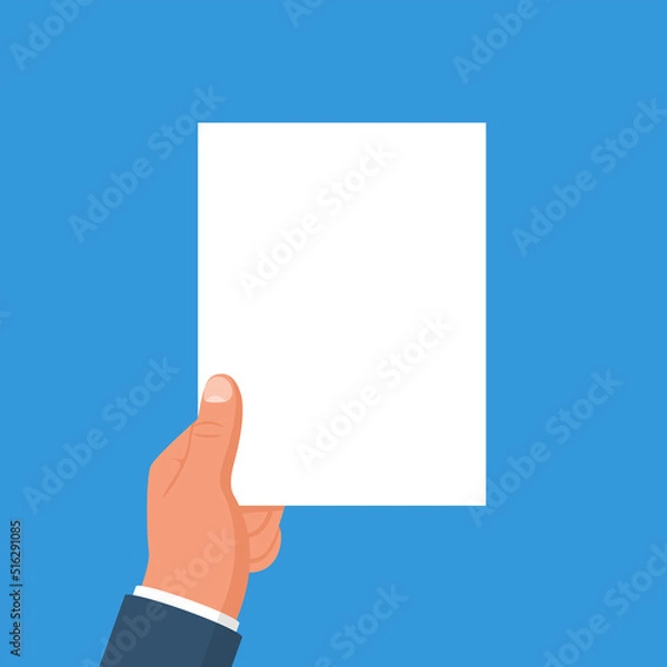 Fototapeta The man holds a clean sheet of paper in hands. Empty blank. Vector illustration, flat design. Template for text. Isolated on background.
