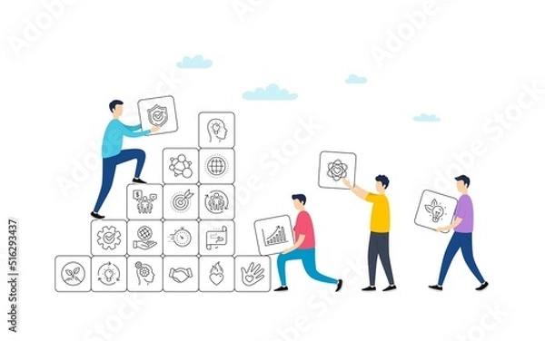 Fototapeta Core values line icons. People team work concept. Integrity, Target purpose and Strategy. Trust handshake, social responsibility, commitment goal icons. Vector