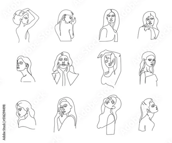 Fototapeta Woman portrait drawn in line art style. Minimalistic, elegant set. Vector illustration. Isolated