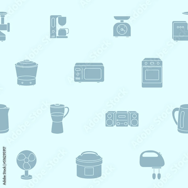 Fototapeta Home machines - Vector background (seamless pattern) of silhouettes microwave, oven, refrigerator, vacuum, blender, kettle and other appliances for graphic design