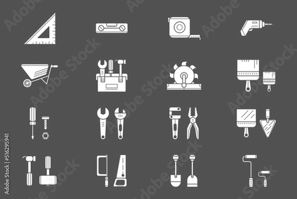 Fototapeta Construction and repair Icons set - Vector silhouettes of wrench, saw, drill, screwdriver, shovel and other tools for the site or interface