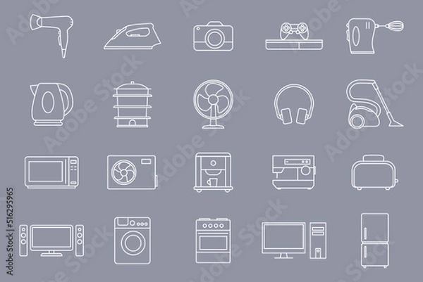 Fototapeta Electronics Icons set - Vector outline symbols of camera, computer, washing machine, television and other appliances for the site or interface