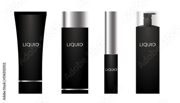 Fototapeta Set of black cosmetic products, mock up Set, black color cosmetic products on white background. Blank black bottles, Squeeze tubes and containers. Vector mockup.