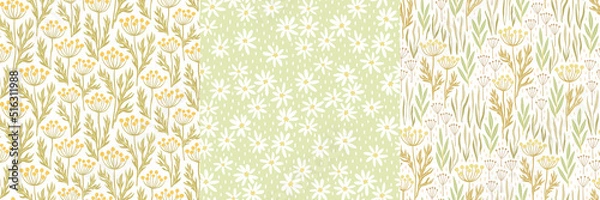 Fototapeta Set of hand-drawn seamless patterns with stylized wildflowers. Colorful floral illustrations for paper and gift wrap. Fabric print textured design. Creative stylish meadow background.