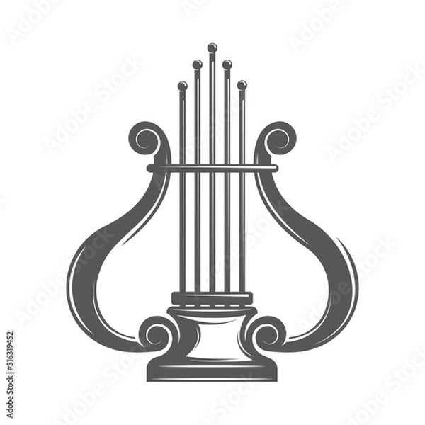 Fototapeta Vintage musical harp isolated on white background. Lyre symbol for logo design. Vector illustration