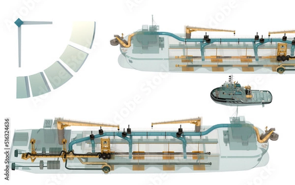 Fototapeta Ship rentals. Illustration of chartering with dredgers, tugboat and clock. 3d-rendering