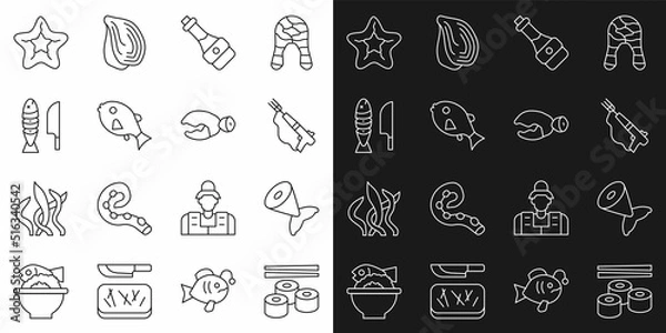 Fototapeta Set line Sushi, Fish tail, Fishing harpoon, Soy sauce bottle, Tropical fish, with sliced pieces, Starfish and Lobster or crab claw icon. Vector