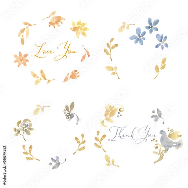 Obraz Set with watercolor wedding wreaths in yellow and blue colors