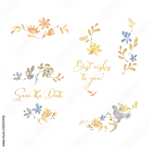 Obraz Decorative watercolor elements, floral branches for invitation and greeting cards