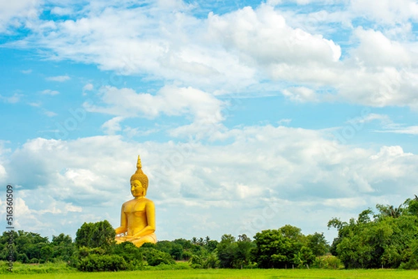 Fototapeta Golden Buddha statue sitting in a tree against a bright sky background in Ang Thong, Thailand. Concept leaves space.
