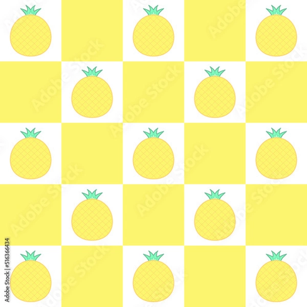 Fototapeta Seamless repeat pineapple pattern with a fun tropical summer concept on a white and light yellow geometric square background for fabrics, textiles, or wallpaper. Vector illustration
