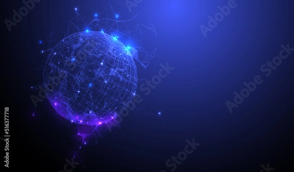 Fototapeta Futuristic metaverse digital sphere polygonal wireframe vector. Abstract blue purple stars on low poly geometric planet background.