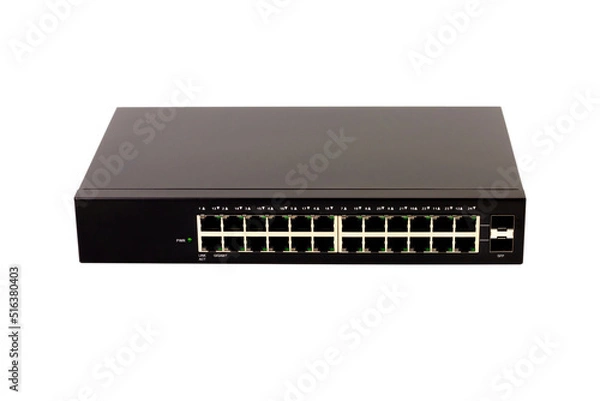 Fototapeta 24-port gigabit switch black color isolated on white background. Components to create local area network for share data and device.