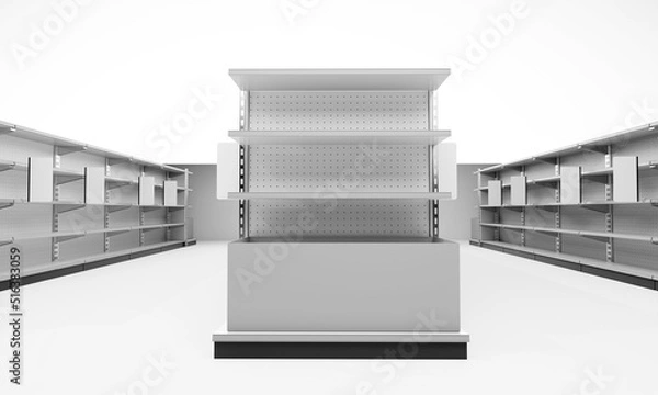 Fototapeta Blank shelf stoppers in a row, Empty shelves in supermarket, White banner attached to shelf, 3D rendering