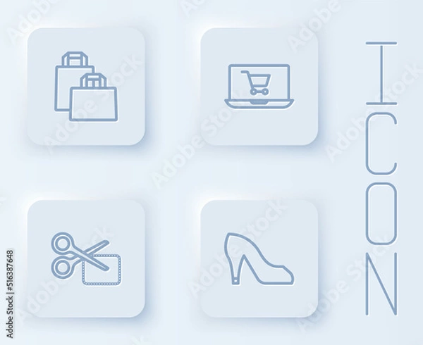 Fototapeta Set line Paper shopping bag, Shopping cart on screen laptop, Scissors cuts discount coupon and Woman shoe. White square button. Vector