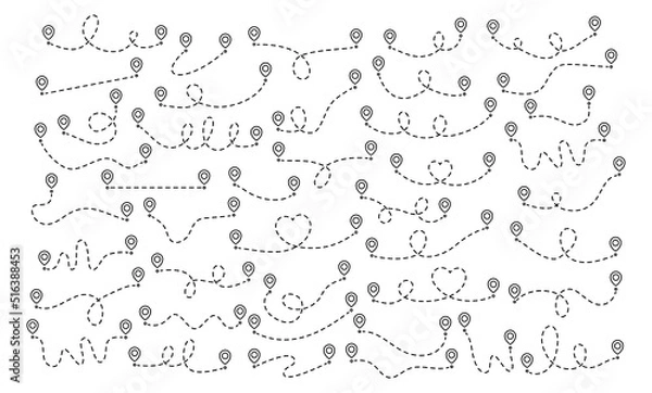 Fototapeta Pin map dotted line route set. Navigation pointers spotted lines elements collection. Vector illustration isolated on white.