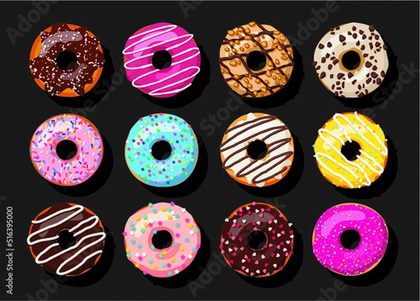 Obraz Donuts Doughnuts Isolated On Black Background Vector