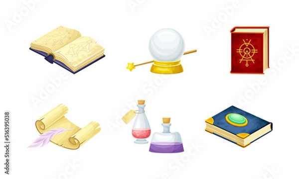Fototapeta Magical Object and Witchcraft Equipment with Crystal Ball, Spellbook and Jar with Potion Vector Set