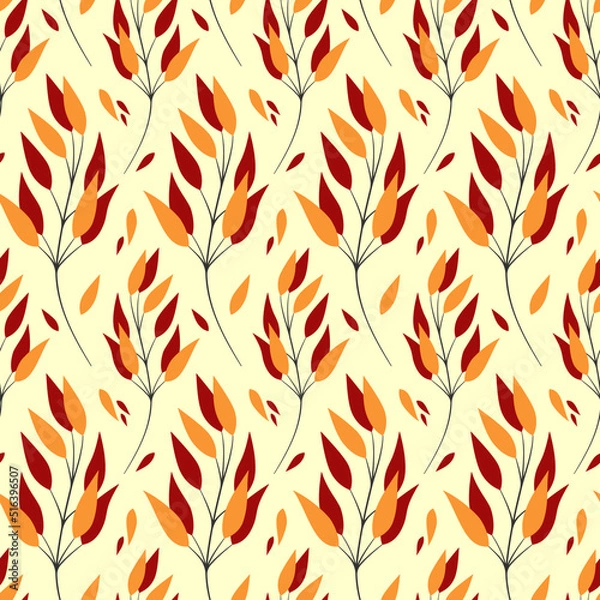 Fototapeta Autumn leaves seamless pattern. Branches with orange and red leafs on ivory background. Best for textile, wallpapers, wrapping paper, package and home decoration.