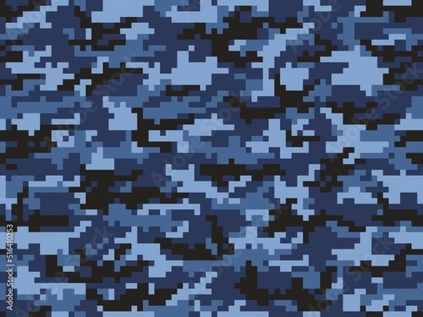 Obraz Abstract blue camouflage pixel texture, military dark shape pattern
