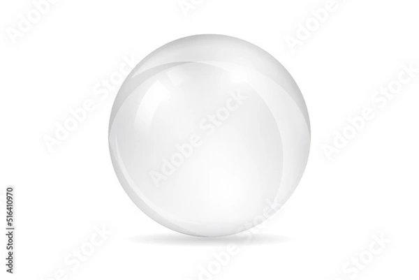 Fototapeta White transparent glass ball. Realistic sphere with shadow isolated on white background. Mockup template for your design. 3d ball or orb. Concept for advertising or presentation.