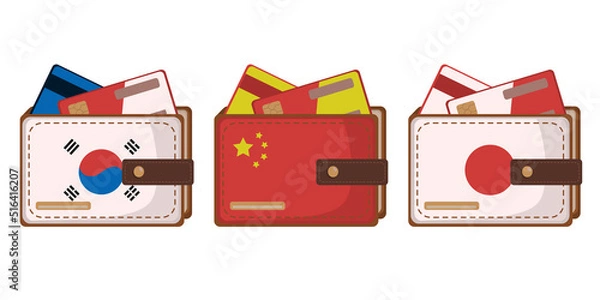 Obraz Set of wallets with the flag of asian country (japan, china, south korea) in flay style. Isolated on a white background. Vector image