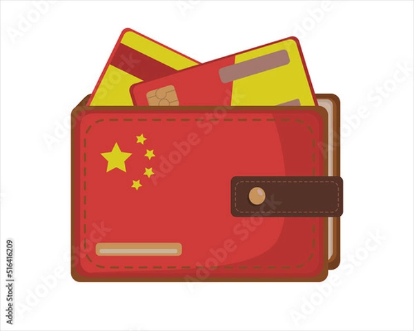 Obraz Leather Wallet Isolated with Chinese flag and credit card on White in flat style. Vector image