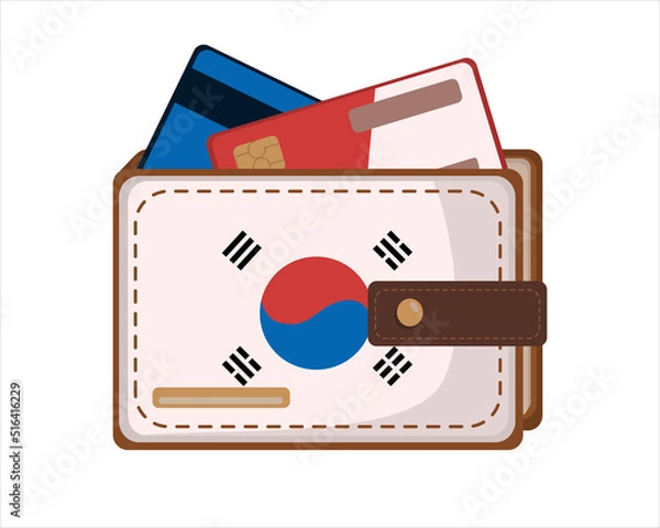 Obraz Leather Wallet Isolated with Korean flag and credit card on White in flat style. Vector image