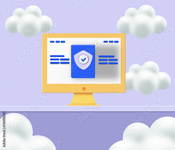 Fototapeta Cyber security and data shield protection with check icon. 3d render