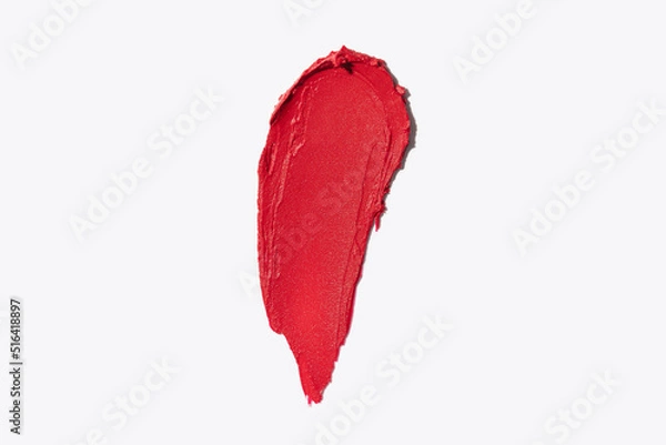 Obraz Red smear swipe on white background texture close up macro shot horizontal and vertical beauty lipstick swatch