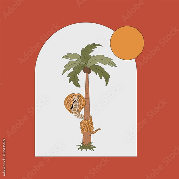 Obraz A snake around a palm tree. Flat vector illustration in vintage style.