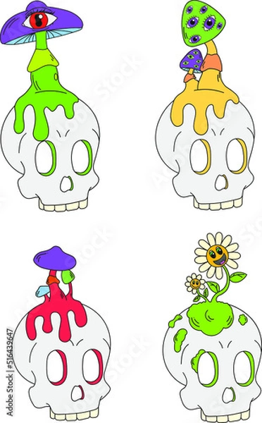 Fototapeta A set of four psychedelic skulls with mushrooms and flowers on top. Vector illustration isolated on a white background