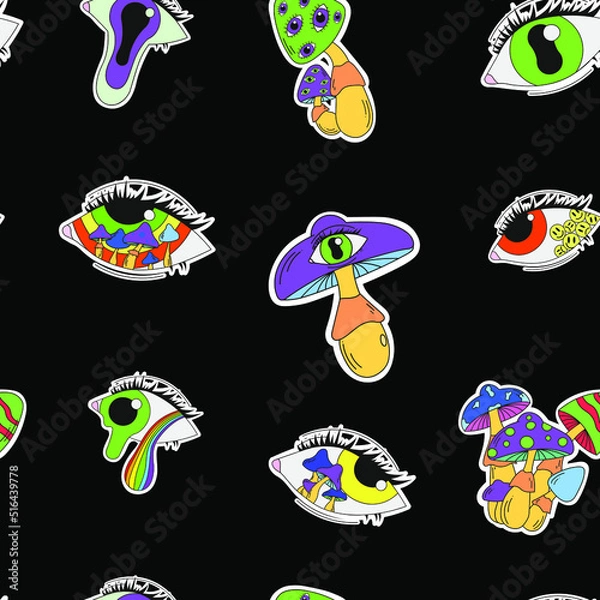 Fototapeta Seamless psychedelic pattern with mushrooms and eyes. Surrealism