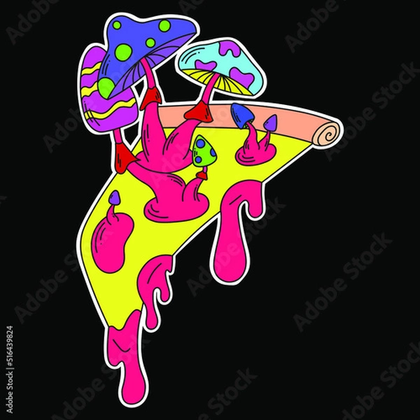 Obraz A psychedelic pizza sticker with psychedelic mushrooms growing out of it. Pink liquid drips from the pizza. Surrealism.