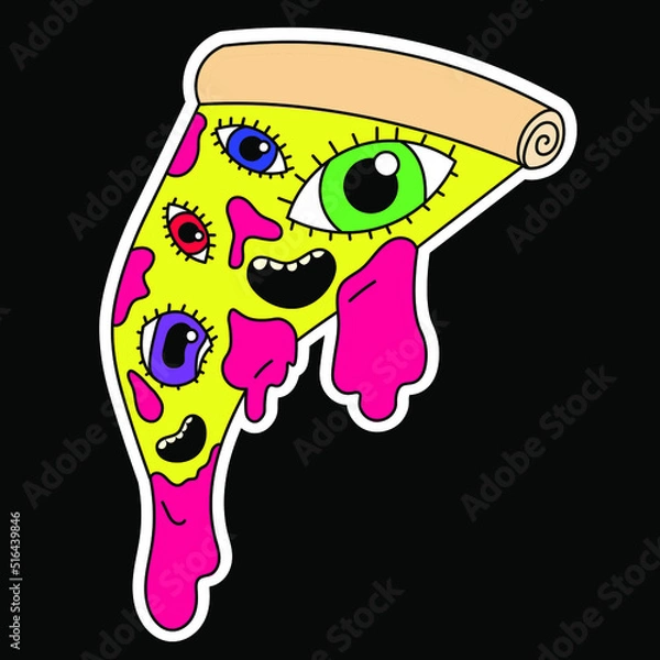 Obraz Psychedelic pizza sticker with eyes and mouths. Pink liquid drips from the pizza. Surrealism.