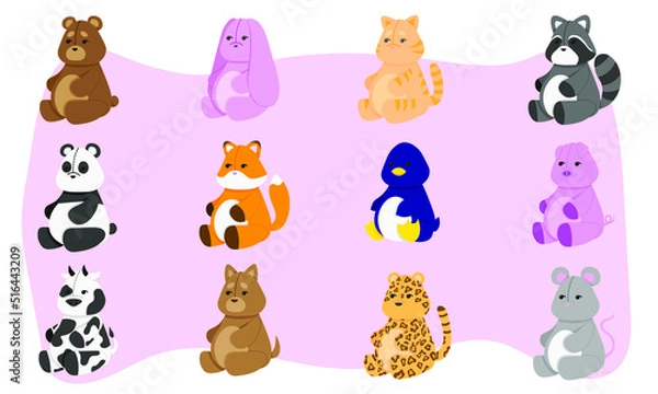 Obraz A set of 12 soft cute animal toys. Plush rabbit, bear, cat, raccoon, panda, fox, penguin, pig, cow, dog, leopard and mouse. Flat vector illustration.