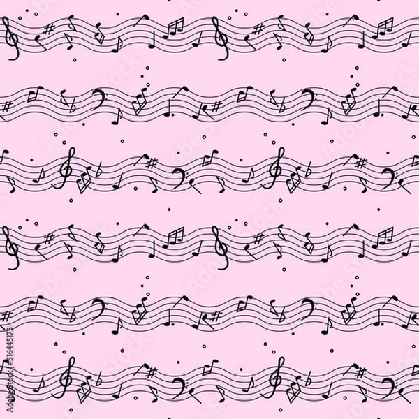 Fototapeta Seamless pattern decorated with musical symbols. Vector illustration with melodic symbols, musical notes, treble clef in black color on a light pink background for design decoration.