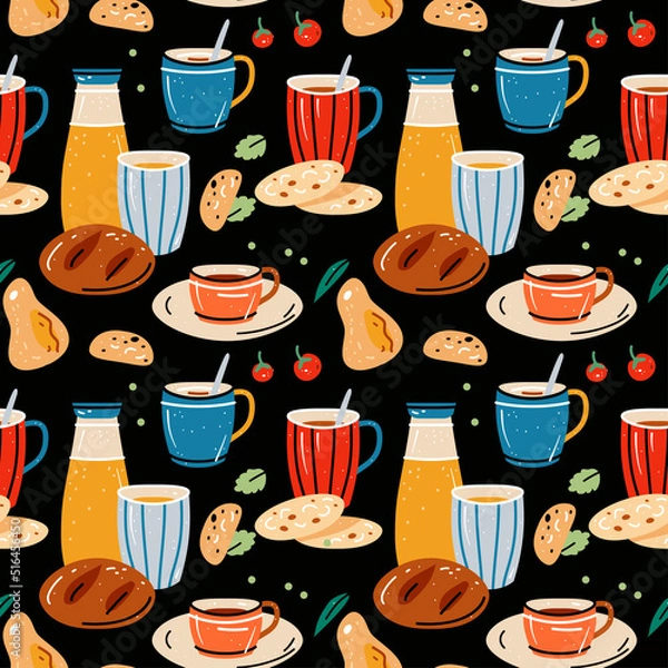 Fototapeta Colored seamless pattern of food and drink. Vector illustration for design of menu. Kitchen vector illustration with cups for tea and coffee, juices. Background with bright colorful crockery