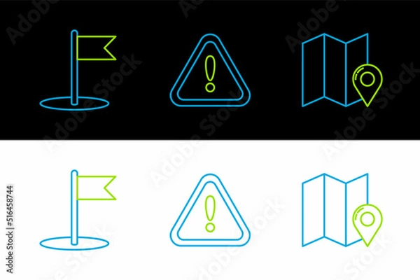 Fototapeta Set line Folded map with location marker, Flag and Exclamation in triangle icon. Vector