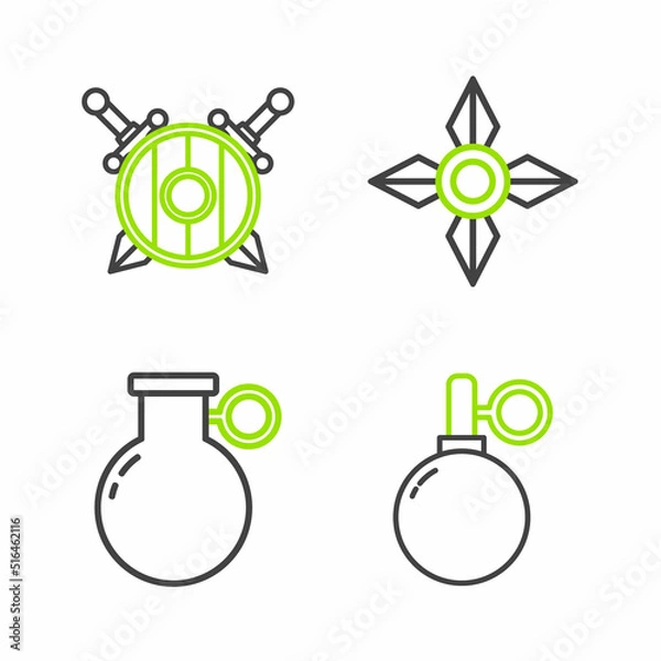 Fototapeta Set line Hand grenade, Japanese ninja shuriken and Wooden shield with crossed swords icon. Vector