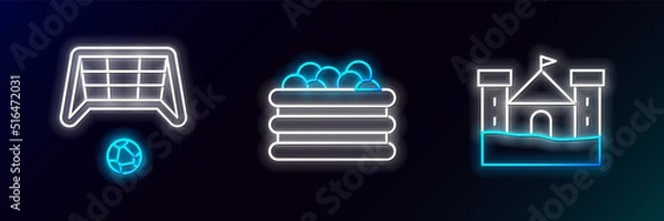 Fototapeta Set line Sand castle, Soccer goal with ball and Pool balls icon. Glowing neon. Vector
