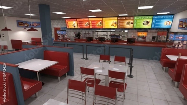 Fototapeta 3D-Illustration of a empty fast foor restaurant