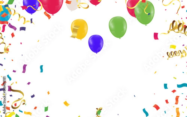Obraz Happy Birthday Card Template with Balloons variety of colors, Ribbon Vector Illustration