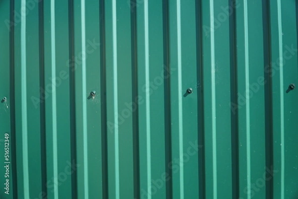 Fototapeta A fragment of a wall made of green metal siding.