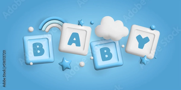 Obraz Baby shower 3d space. Banner poster on Baby shower in render style. Lettering baby. Vector illustration in 3 d style.