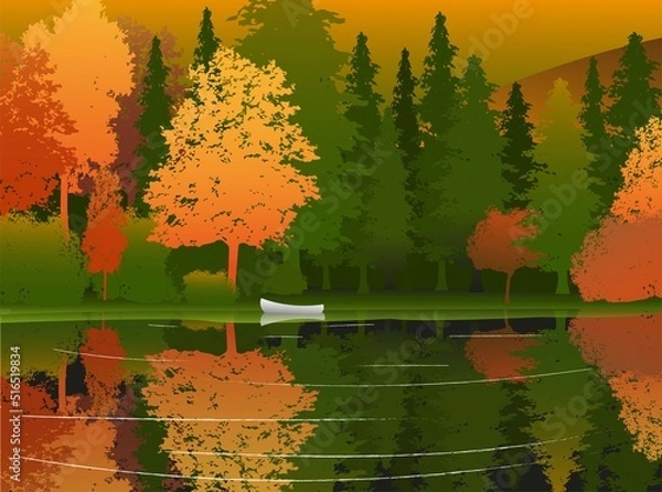 Obraz Vector illustration landscape with river and forest poster