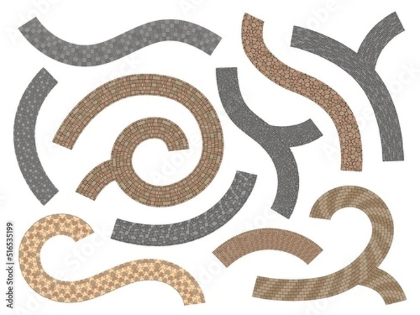 Fototapeta Sidewalk stone path. Pavement tiles road of bricks cobblestones and concrete, outdoor decoration garden walkway. Vector patio paving construction