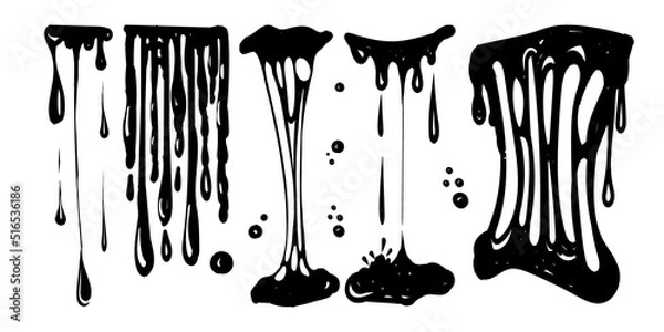 Obraz A set for working with stains, slime. Doodle style painted elements. Black splashes of mucus, stretching mucus, toxic dripping mucus. Splashes and drops of mucus, liquid borders. Isolated vector shape