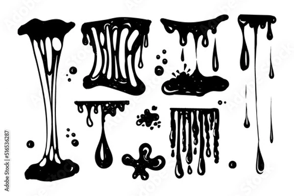 Obraz A set for working with blobs. Doodle style drawn elements. Black splashes of slime, stretching slime, toxic dripping slime. Slime splatter and droplets, liquid borders. Isolated vector shapes.